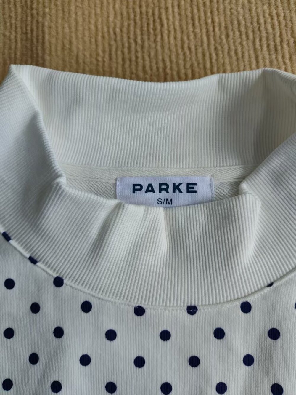 PARKE Varsity Blue Polka Dot Mock Neck Sweatshirt - Picture 5 of 7